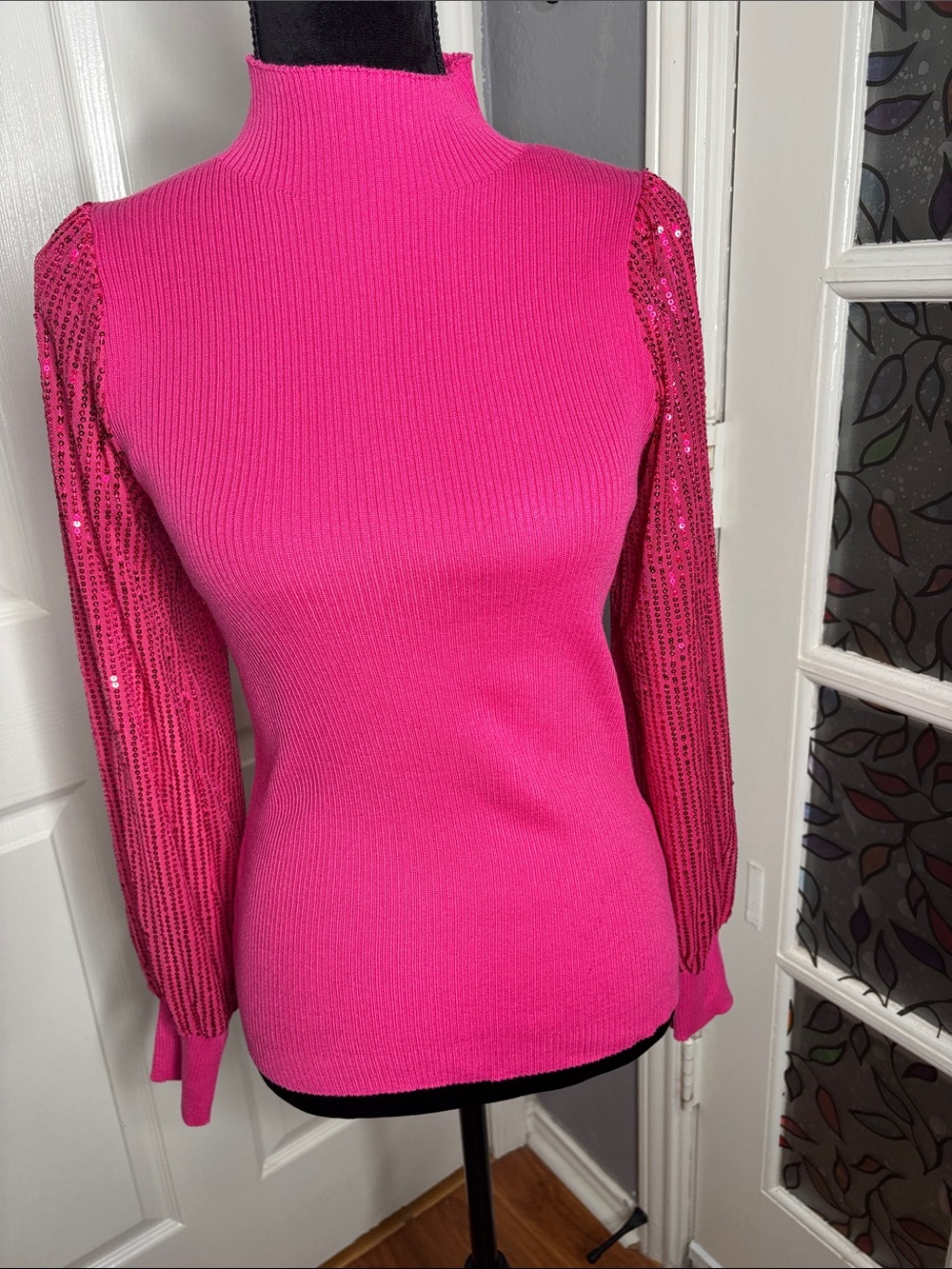 SHEIN Hot Pink Sequin Sleeve Mock Neck Sweater